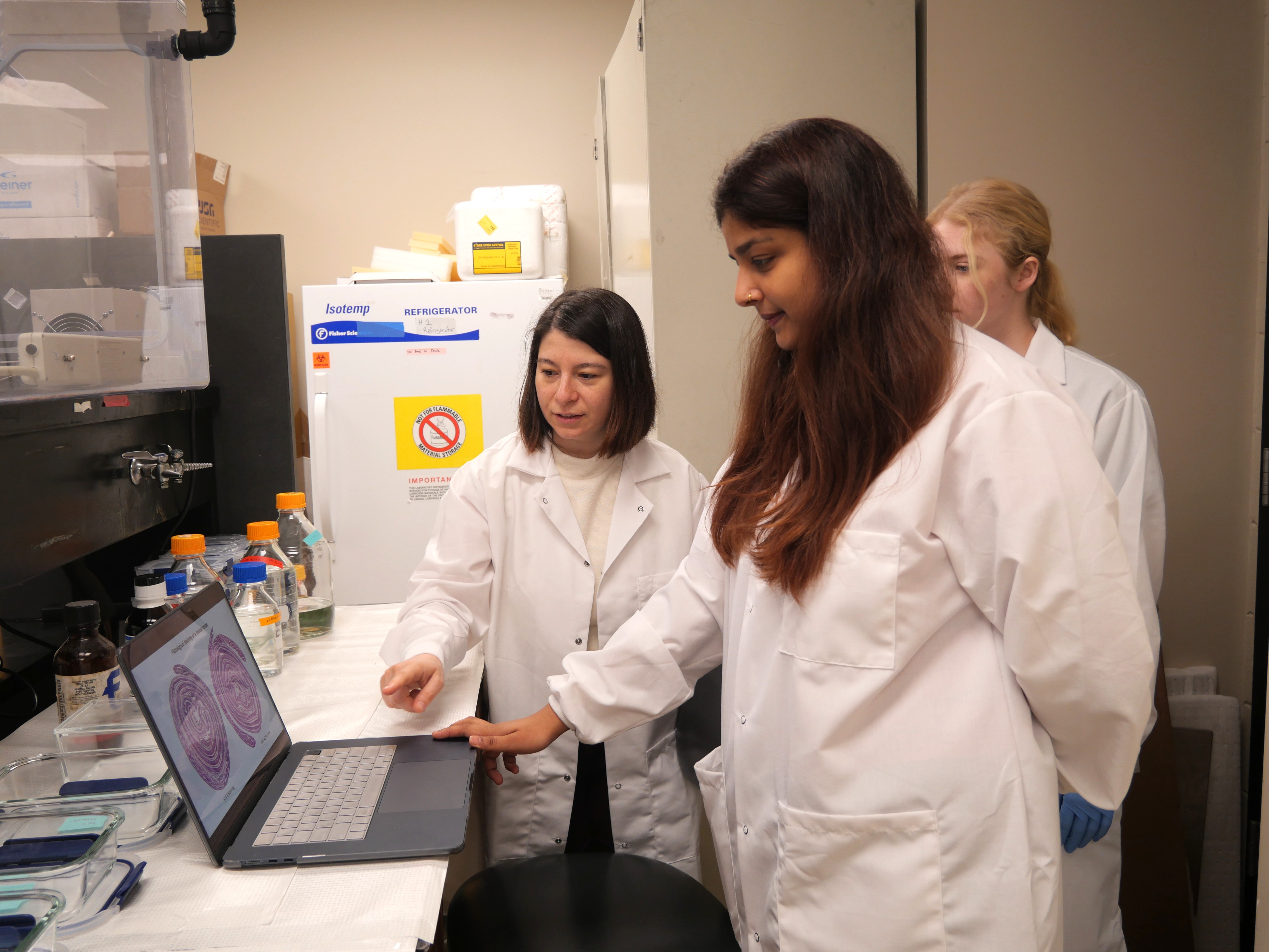 three women in lab coats looking at images on a computer